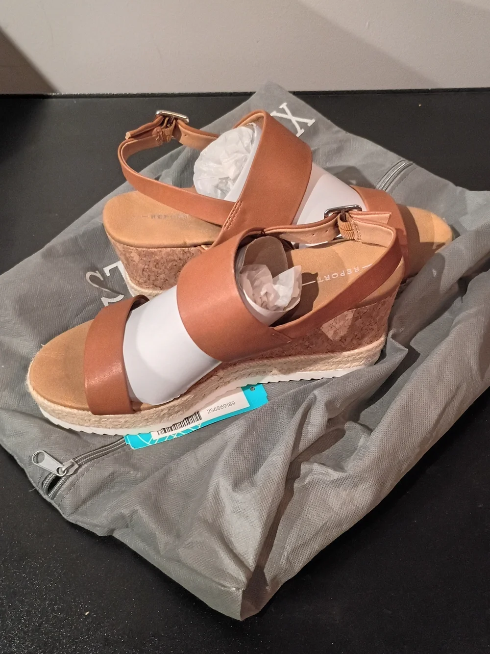 Report Brown and White Cork Espadrille Wedge Sandals
